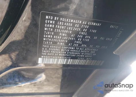 2013 Volkswagen Tiguan Se from USA, damaged, VIN WVGAV7AX6DW536315